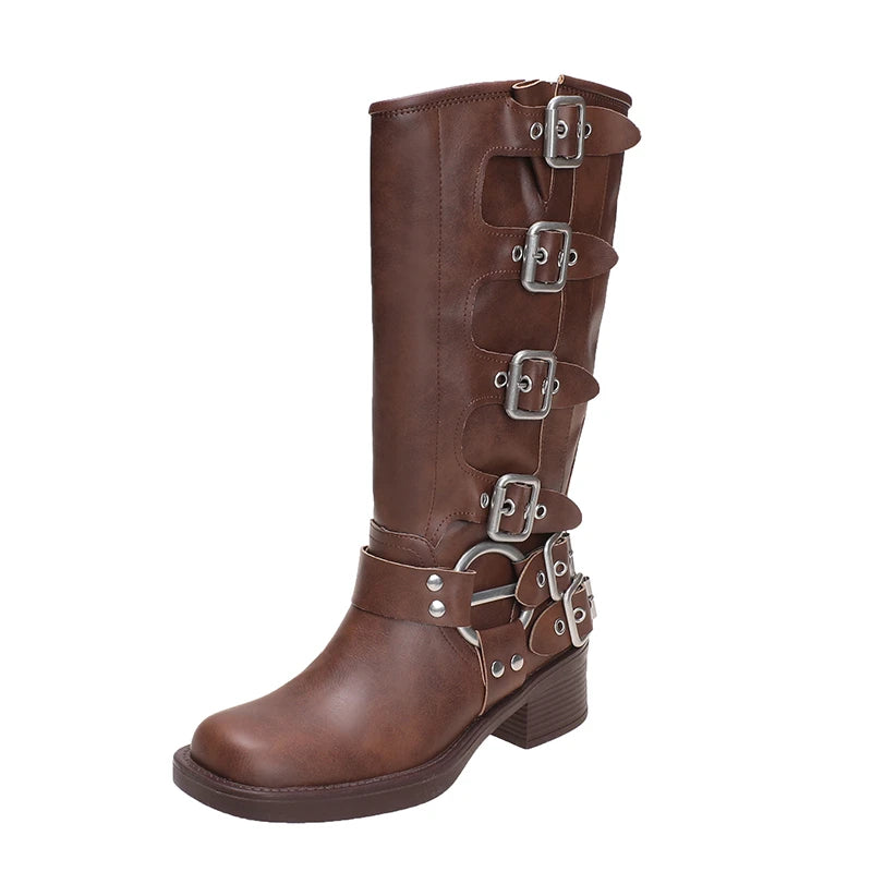 New Winter Denim Boots Women's Retro Brown Belt Buckle Round Head High Boots  Boots Knee Length Boots