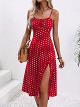 2024 Summer Sexy Spaghetti Straps Dress Women Fashion Polka Dot Print Sleeveless Slit Dress Boho Casual Beach Midi Dresses