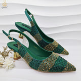 Women Heel Party Ladies Italian Design Green Shoes And Bag Set Decorated with Rhinestone Handbag Wedding Party