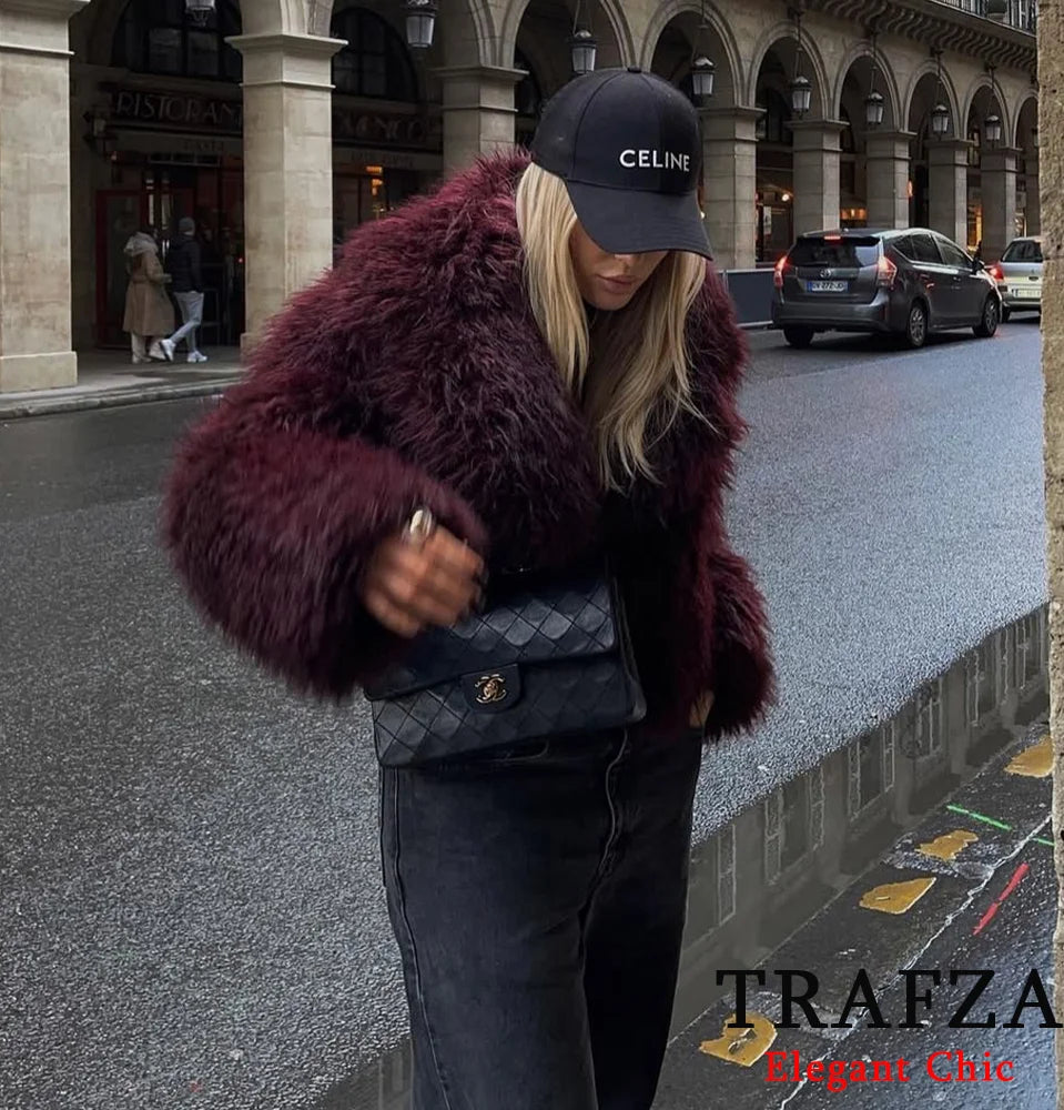 TRAFZA-Women Fashion Winter Solid  Big Lapel Coat Faux Fur Coat Jacket New 2024 Autumn Winter Slouchy Burgundy Black Gray Coat