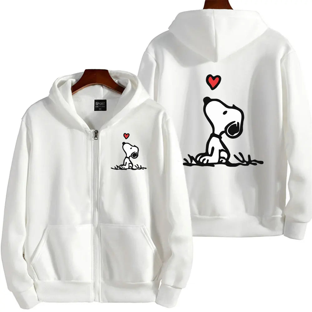 Snoopy White Women Zip Up Hoodie Jacket Spring Autumn 2024 Casual Men Sweatshirt Cartoon Anime Couple Oversized Clothes Coats