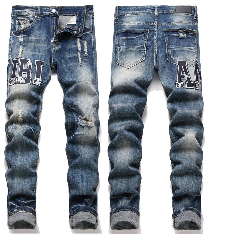 High Street Stretch Embroidery Men’s Jeans Ripped Streetwear Jeans Punk Style Pants for Man Slim Fashion Small Feet Men's Jeans