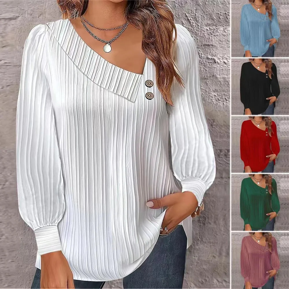 2024 hot item wish Amazon hot style autumn simple v-neck button solid color versatile long-sleeved pleated shirt