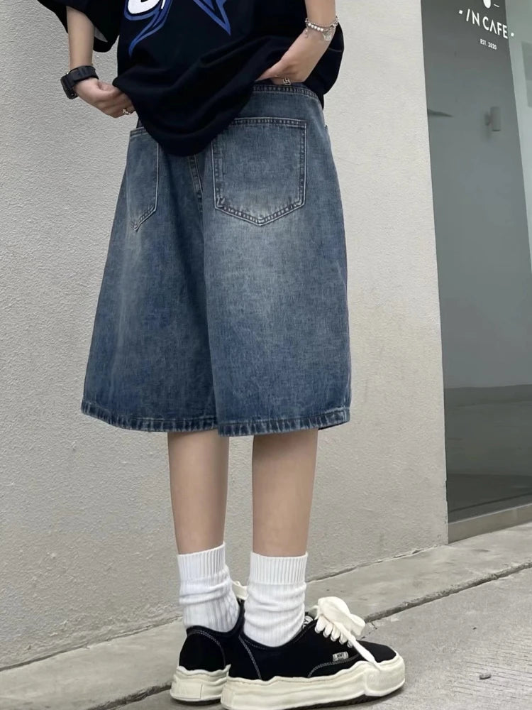 Denim Shorts Women Bleached Baggy Solid Spring Summer High Street Youthful Stylish Hipster Relaxed Stretchy Comfortable Leisure