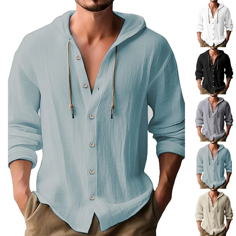 Men's solid color casual shirt, hooded drawstring cotton and linen cardigan, trendy and versatile loose beach T-shirt