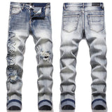 Slim Fit Four Season Patchwork Cotton Elastic Embroidered Leather Label With Perforated Print Fashionable Men's Jeans