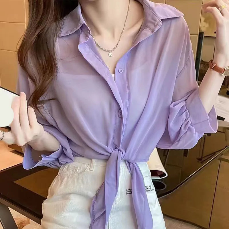 Summer Sun Protection Shirts Ladies Solid Color Tied Waist Half Sleeve Button Blouse Women Casual Loose Chiffon Shirt