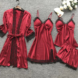 4 Pieces Women's Sexy Lace Pajamas Fashion V-Neck Gown Comfort Pajamas Pajamas Pajamas With Chest Pads Nightdress Casual Loungew