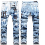 High Street Stretch Embroidery Men’s Jeans Ripped Streetwear Jeans Punk Style Pants for Man Slim Fashion Small Feet Men's Jeans