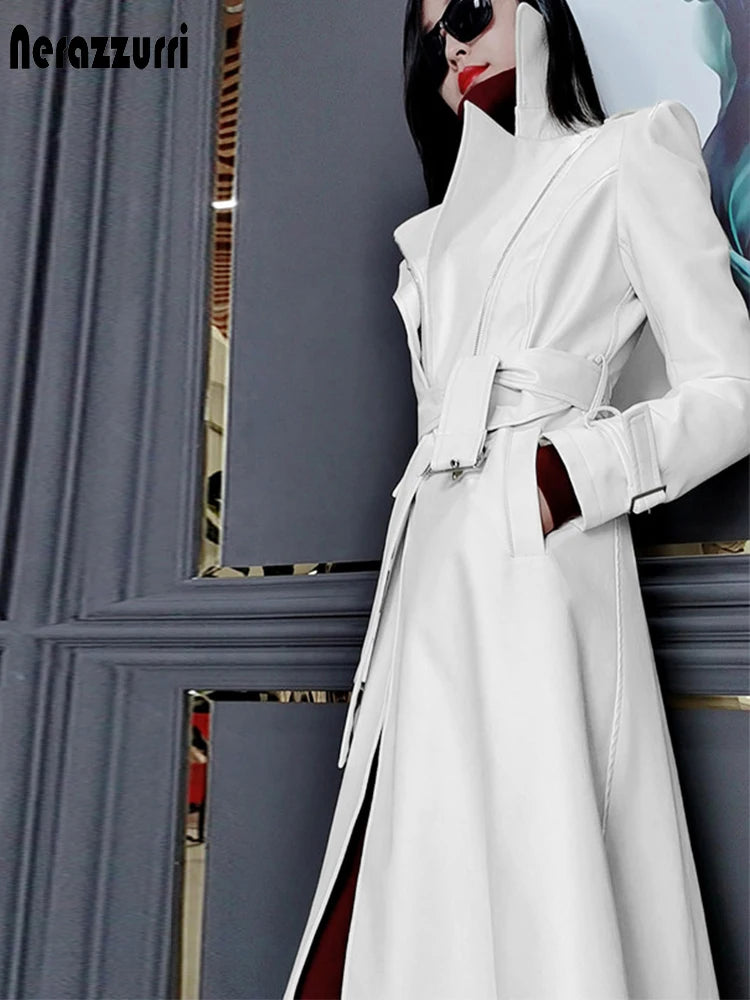 Nerazzurri Spring Runway White Long Leather Trench Coat for Women Long Sleeve Elegant Luxury fashion Womens Coats