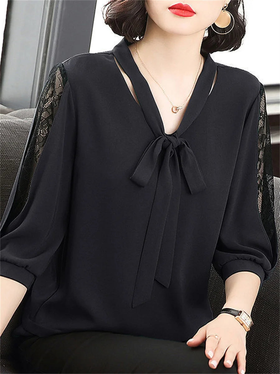 Women's Spring Summer Style Blouses Tops Lady Casual Bow Tie Collar Half Lace Sleeve Loose Blusas Tops