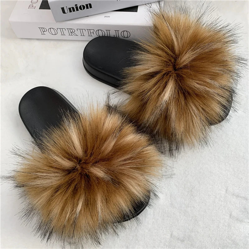 Summer Faux Fur Slippers Women Indoor Furry Fur Slides Female Plush Flip Flops Flats Sandals Casual Fluffy Slipper House Shoes