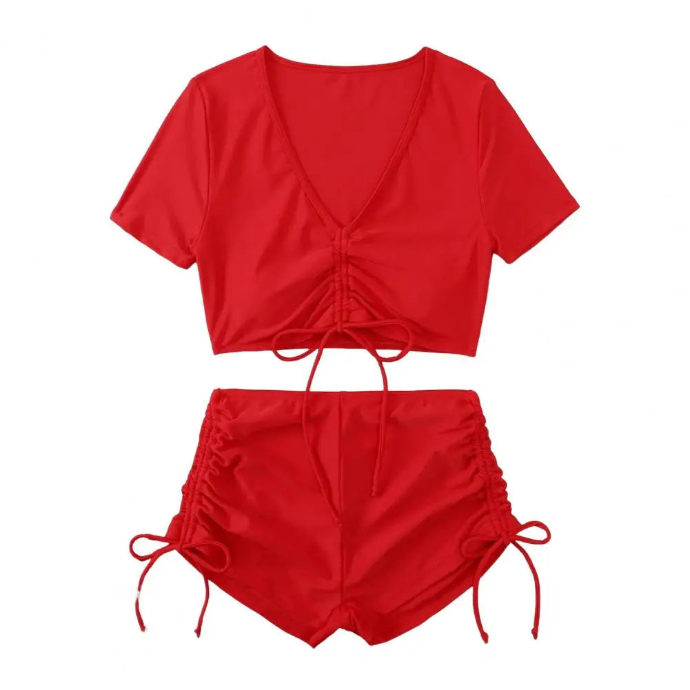 2Pcs/Set Swimsuit for Women Bikini Set V-Neck Short Sleeve Tops High Waist Drawstring Swimming Trunks Quick Drying Swimsuit