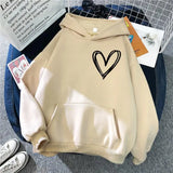 Simplic Heart Print Women Sweatshirt Soft Casual Loose Vintage Female Hoodies Winter Warm Fleece Student Tops