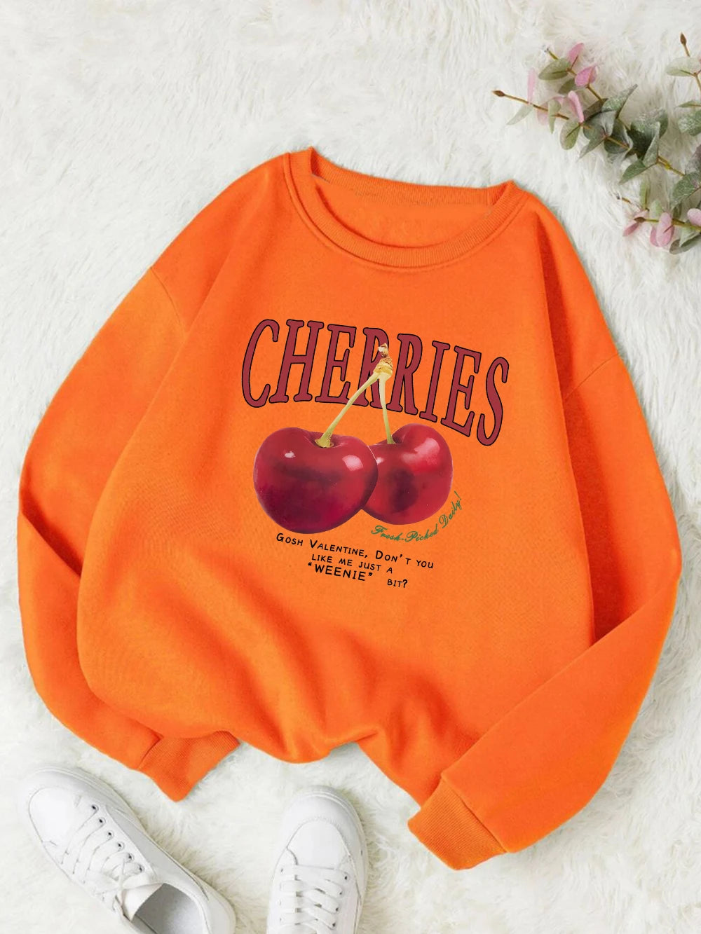 Fashion Womens Sweatshirt Fresh Red Cherries Printing Pullover Crewneck Fleece Soft Breathable Hoodie Autumn Female Streetwear