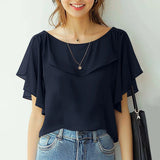 Summer Women Chiffon Blouse Elegant Ruffle Short Sleeve Tops Shirt Korean Fashion Casual Tunic Chic Ruffle Hem Blusa