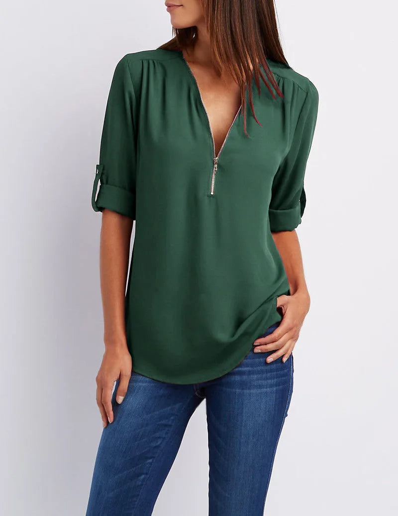 Hot Sale Women Cool Loose Shirt Deep V Neck Chiffon Fashion Blouse Casual Ladies Tops Sexy Zipper Pullover Plus Size