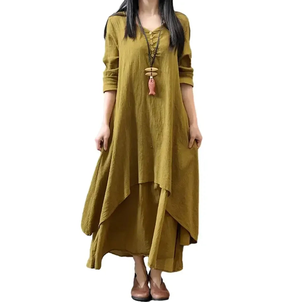 Women Elegant Linen White Dresses Bohemia Layering Vintage Robe Long Sleeve Loose Long Dress Female Autumn Vestidos