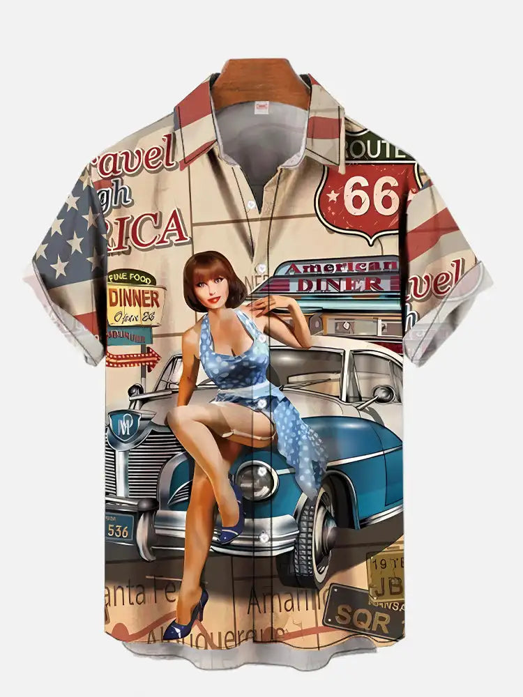 1970S-1980S Vintage Car Poster Hawaiian Beach Cowgirl Printing Short Sleeve Shirt Fashion Retro Hawaiian Shirt For Men Hrajuku