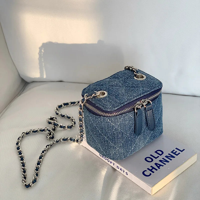 Mini Denim Crossbody Bags for Women Lingge Chains Shoulder Bag Fashion Brands Box Bag Lipstick Coins Purses and Handbags