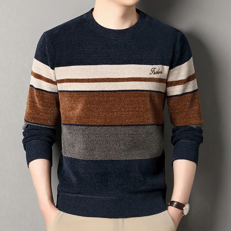 Mens Chenille Sweaters Fashion Knitting Pullover Striped Men's Autumn Winter Top Clothes Round Neck Knitted Sweaters