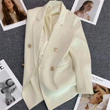 Solid Casual Coat Metal Buckle Small Suit Jacket Women Clothing Summer Double Breasted Office Lady Elegant Blazers Thin Autumn