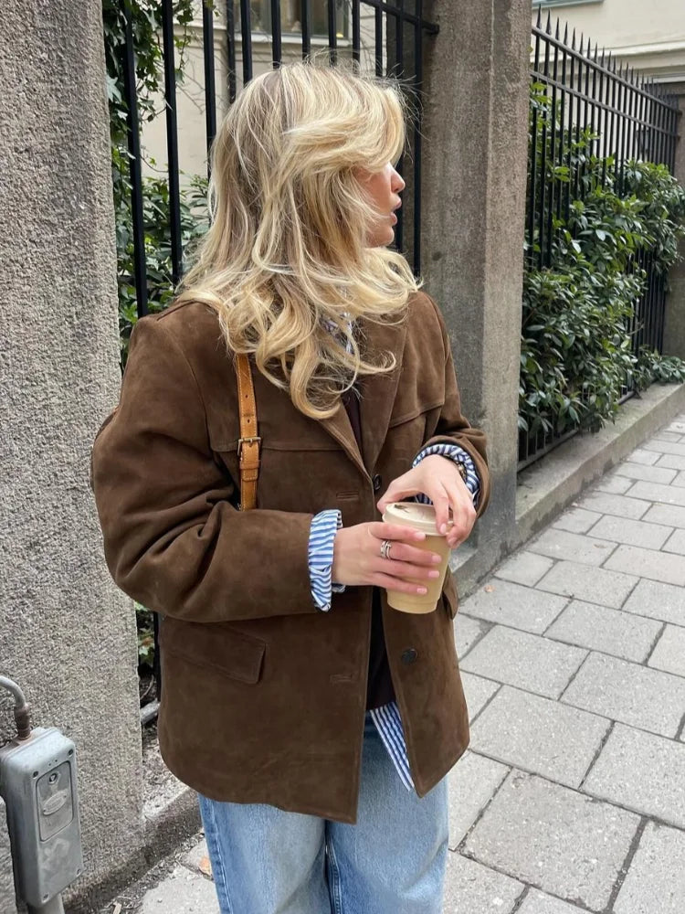 Women Chic Brown Casual Suede Jackets Lapel Long Sleeve Single Breasted Pockets Coats Autumn Solid Office Lady Commuting Tops