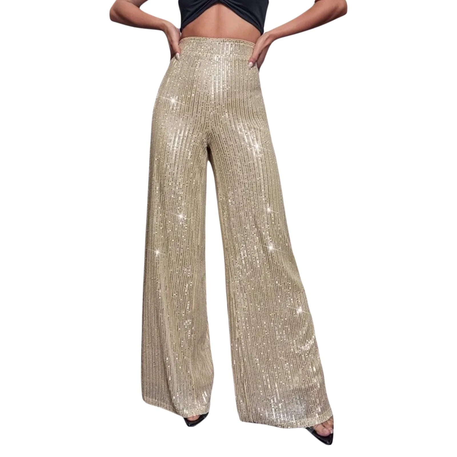 Women Sequin Flare Pants Sparkly High Waist Wide Leg Bell-bottom Trousers Slim Party Club Shiny Pants Clubwear