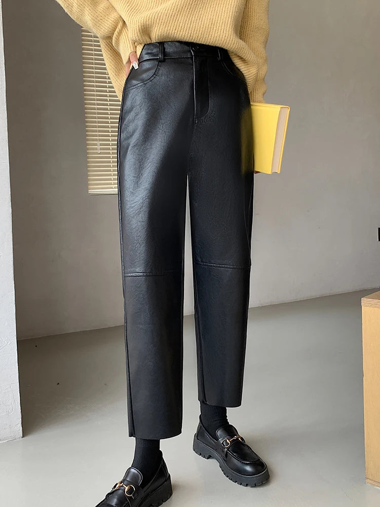 Fall Winter PU Leather Pants Women Elegant High Waist Pockets Faux Leather Harem Pant Female Back Elastic Waist Trousers