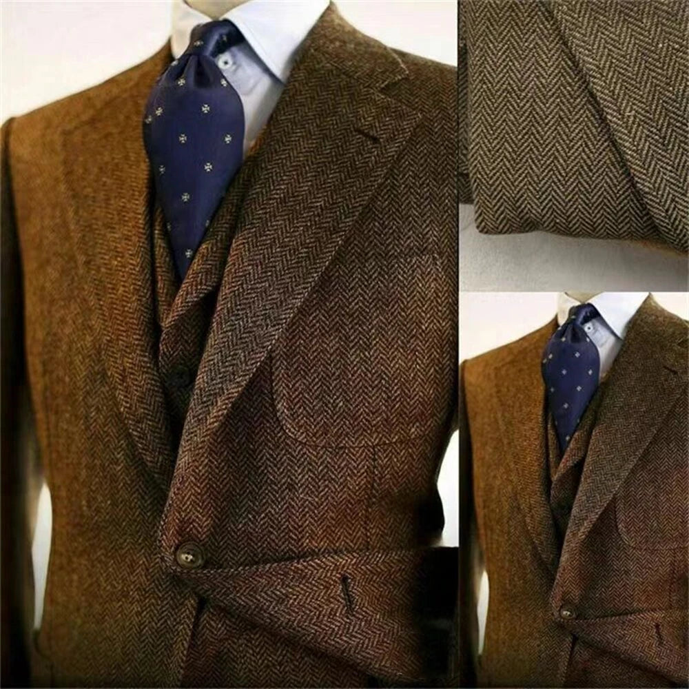 Gray Wool Tweed Winter Suit for Men Herringbone Slim Fit Formal Groom Tuxedo 3 Piece Wedding Male Suits (Jacket+Vest+Pants)