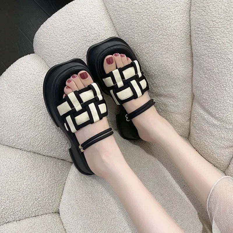 Woman Slippers Height on Word Slides Open Toe Indoor Sandals Outside Platform Beach Shoes for Women Trend New Fashion Shoe