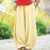 Spring Summer Cotton Linen Style Bloomers Wide Leg Pants Women Vintage Full Length Elegant Pants Solid Elastic Waist S-5XL