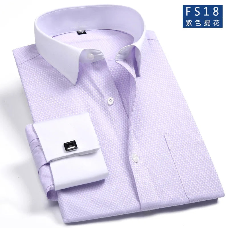 Men's Classic French Cuffs Social Dress Shirt Formal Business Standard-fit Long Sleeve Wedding Party Office Work White Shirts