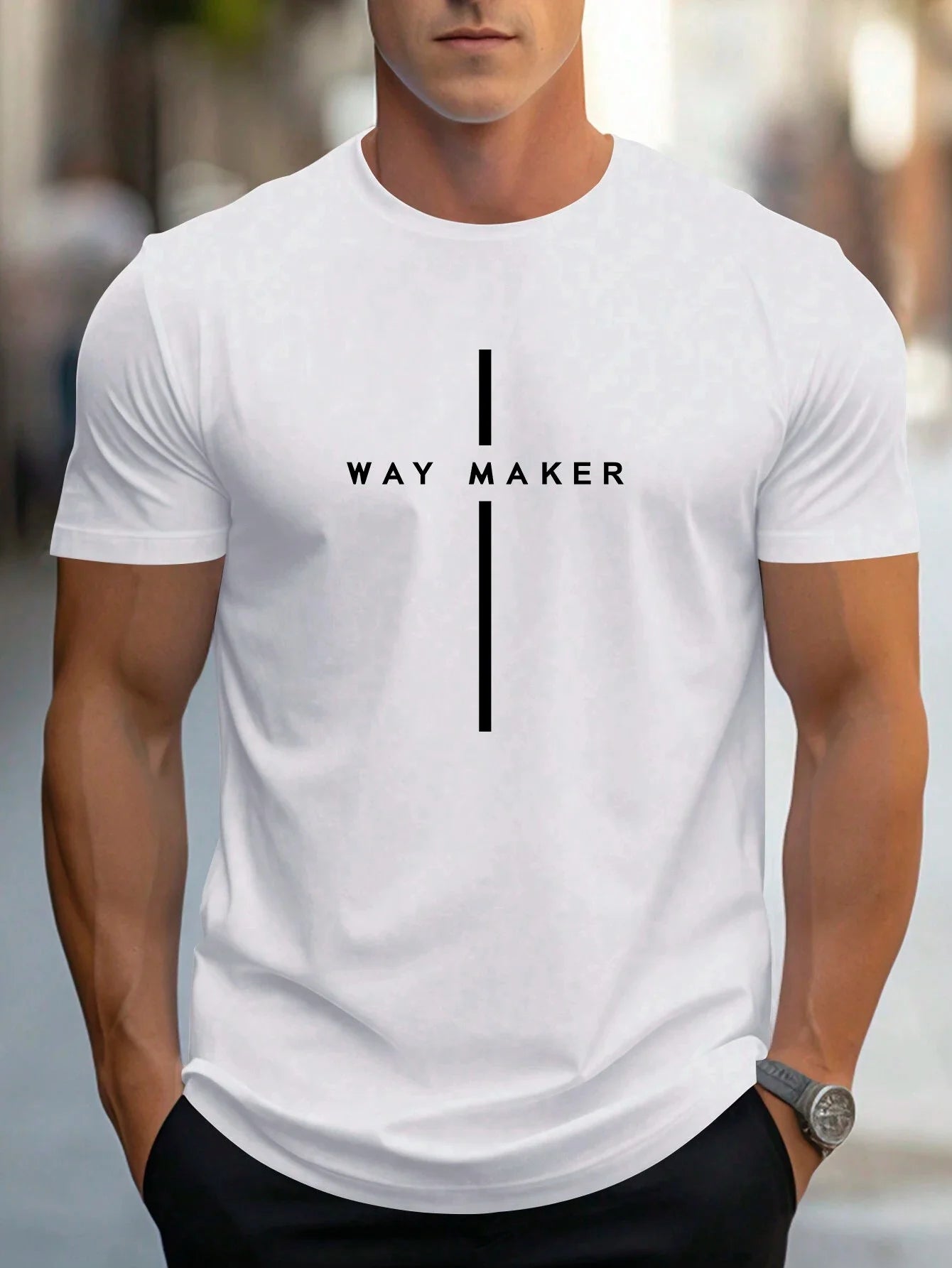 Men's 100% cotton summer loose size Fashionable WAY MAKER print slim fit casual sports round neck short sleeved T-shirt top