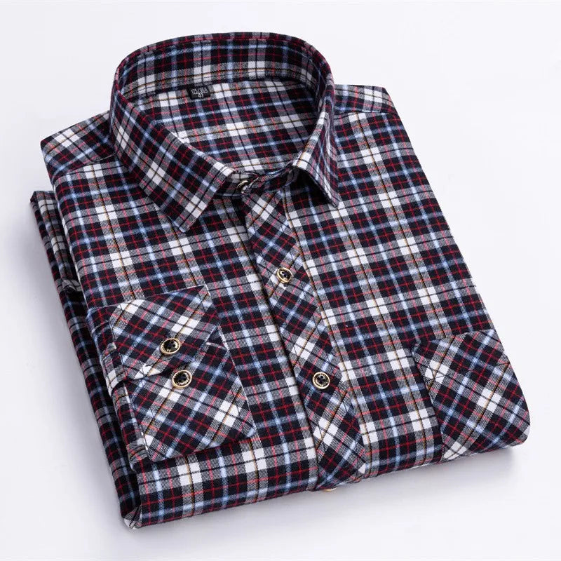 New Cotton Flannel Shirts For Men's Long Sleeve Soft Regular-fit Brushed Single Pocket Comfortable Casual Fashion Plaid Shirts