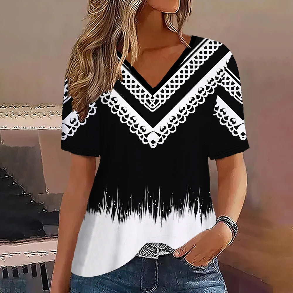 Fashion Women T Shirt Stripes Print Gradient V Neck Short Sleeve Basic Tops Streetwear Summer Oversized Clothing Female T-Shirts