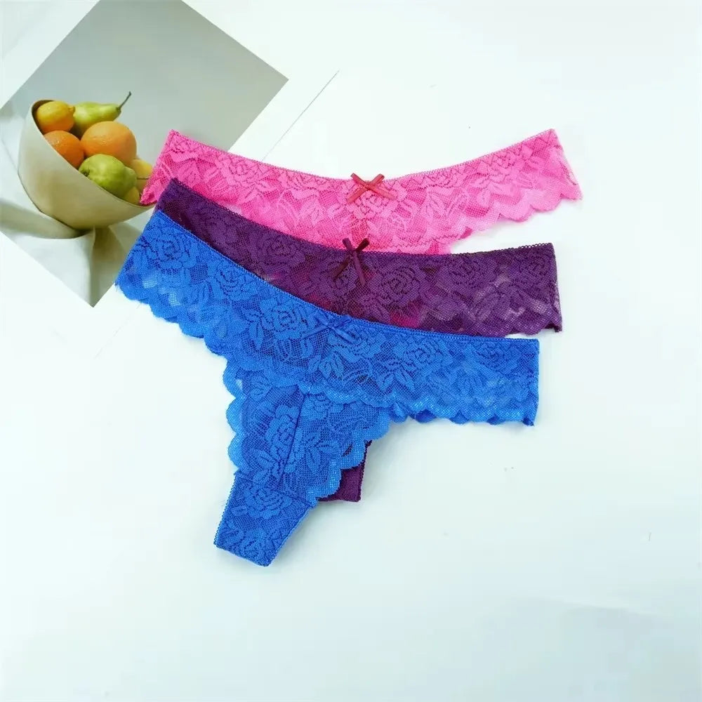 3PC Free Shipping Ladies Thong Sexy Low Waist Lace Panties Transparent G-string Underwear Hot Girl Erotic Panty