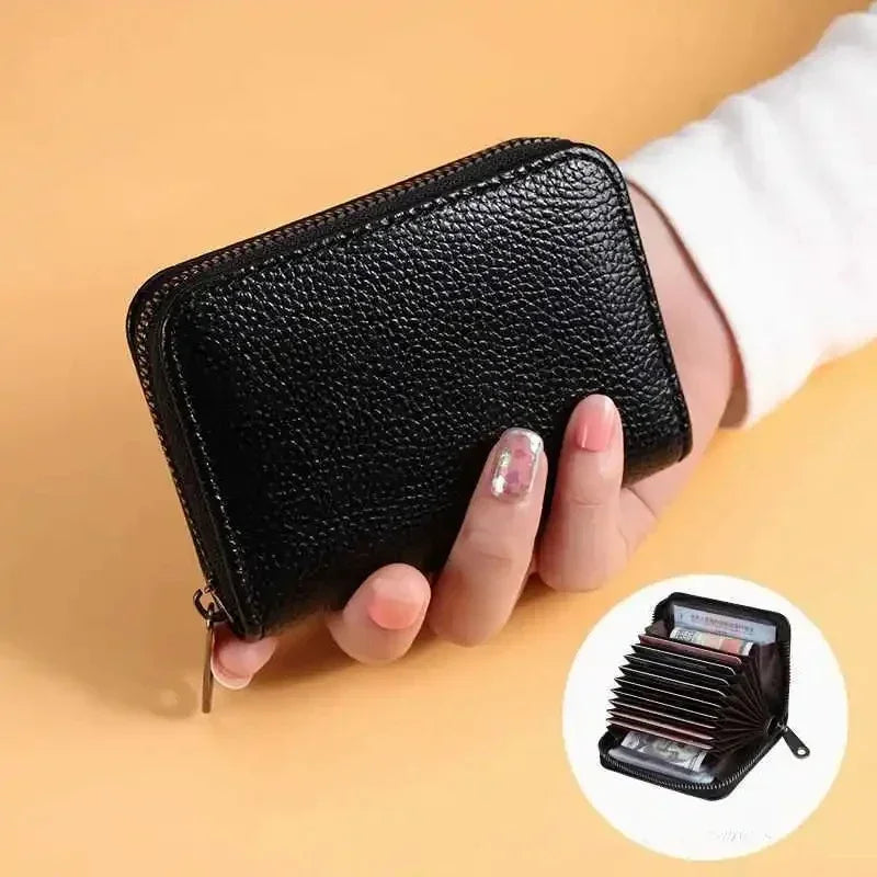 Multi Slot Card Holder Vintage Small Wallet Women Men Business Bank Credit Card Bag Male Coin Pouch Solid Leather Zipper Wallet