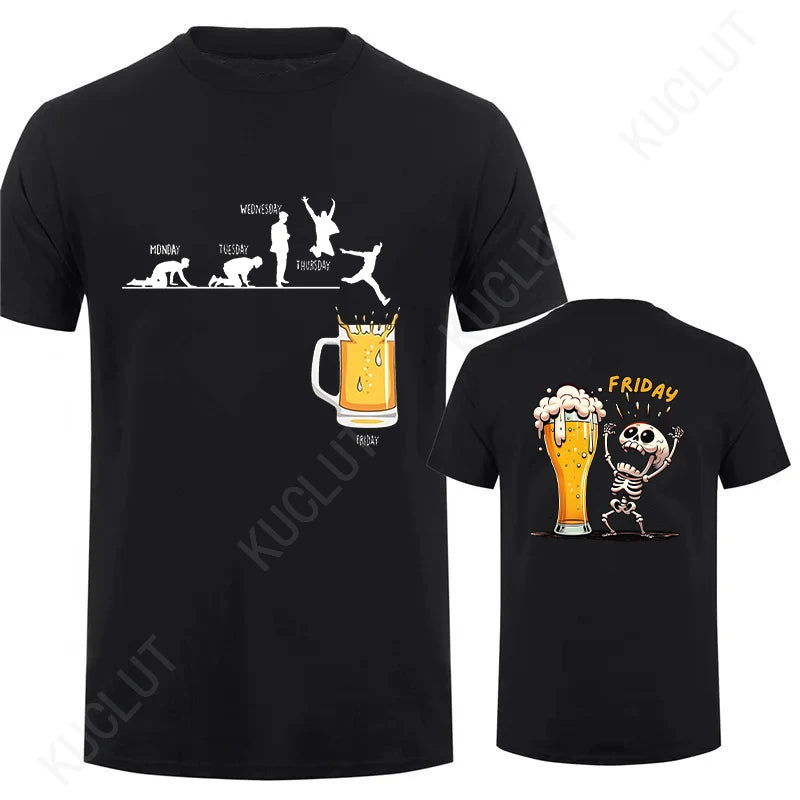 Funny Men's T Shirt Skeleton Enjoying FRIDAY Beer Day T-Shirt Finally Friday for Drink Lover Male Clothes Short Sleeve Tees