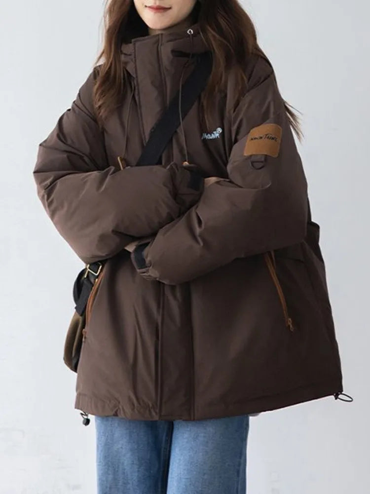 Coffee Cotton Padded Jacket 2024 Korean Winter Parkas Women Outdoor Loose Solid Short Warm Streetwear Fashion Bubble Bread Coat