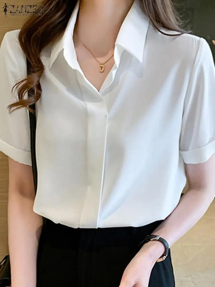 Women Summer Blouses Elegant Solid Shirts  Casual Lapel Short Sleeve Office Lady Work Blusas Female OL Tunic Chemise