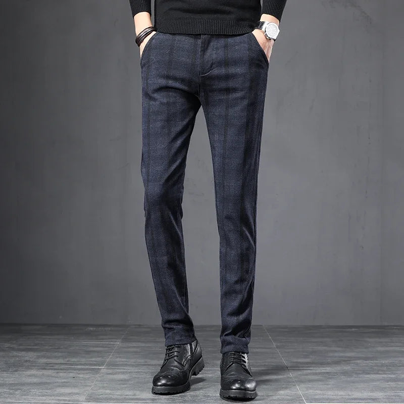 Autumn Men's Brushed Plaid Casual Pants Korean Style Gray Elastic Straight Slim Fit Fashionable Work Pants Blue and Black Male