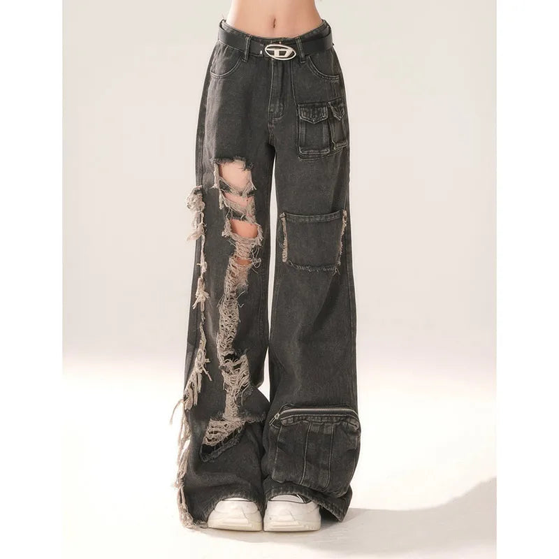 High Waist Ripped Women's Black Jeans Hip-hop Style Fashion Vintage Streetwear Y2K Wide Leg Jean Trouser Baggy Denim Pants