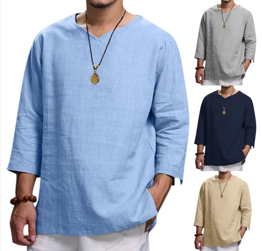 Men's New 3/4 Sleeve Loose Solid Casual Large Pullover T-Shirt