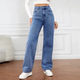 Denim Jeans Women Straight Pants Washing High Waist Loose Pockets Basics Ankle Length Y2k Blue Pants Streetwear Slight Strech