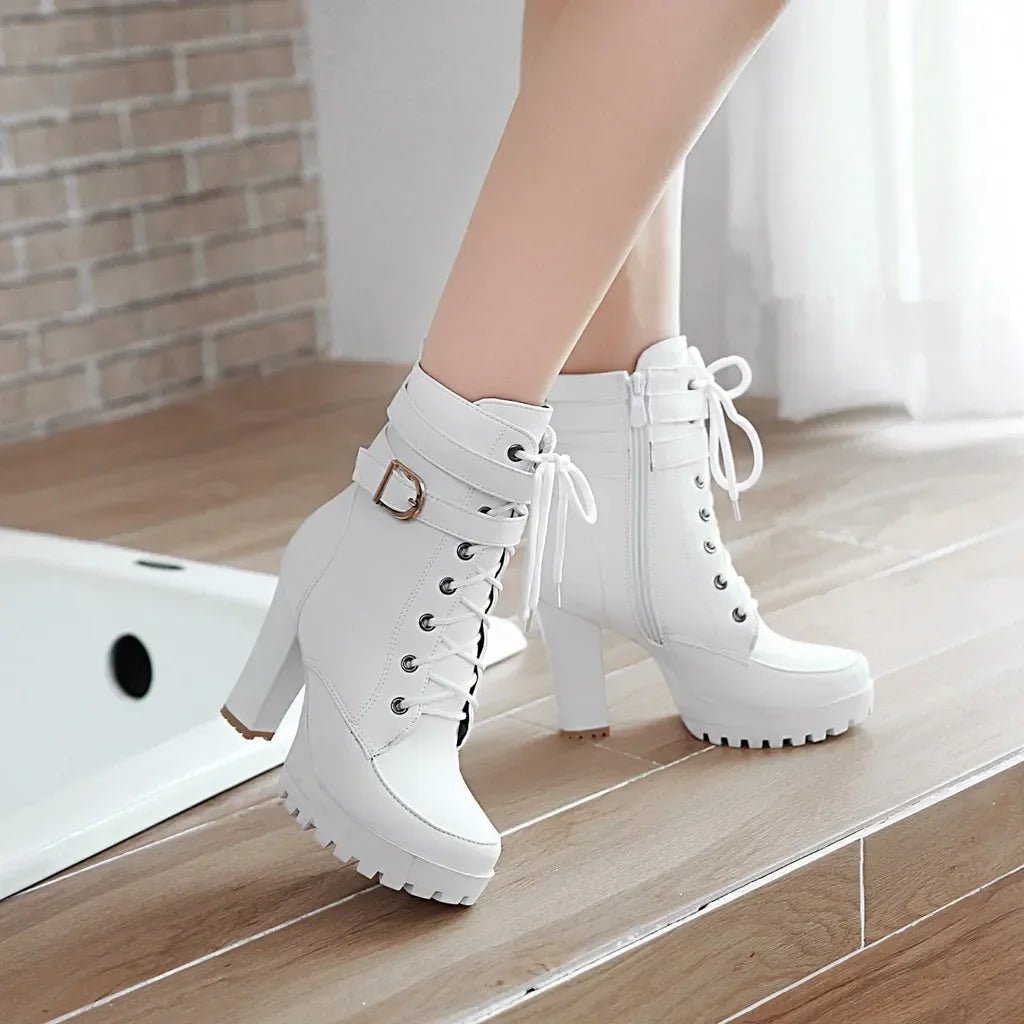 High Heels Women Ankle Boots Lace Up Fall Winter Platform Ladies Boots Large Size Fashion Shoes White Black Brown