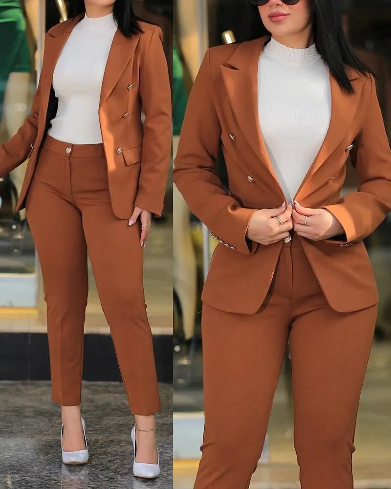 2pcs Women Office Clothing Set Long Sleeve Blazer Jacket & High Waist Pencil Pants Solid Color