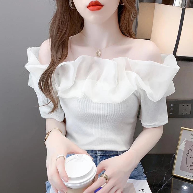 Women Slash Neck Shirt Korean Sexy Off Shoulder Patchwork Short Sleeve Female Blouse Fashion New Ruffles All Match Ladies Shirt