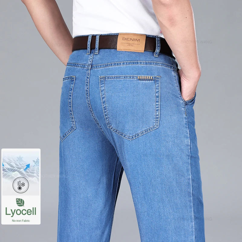 Lyocell Ice Silk Summer Thin Jeans Men's Classic High Waist Drape Loose Straight Denim Pants Business Casual Smoke Gray Trousers