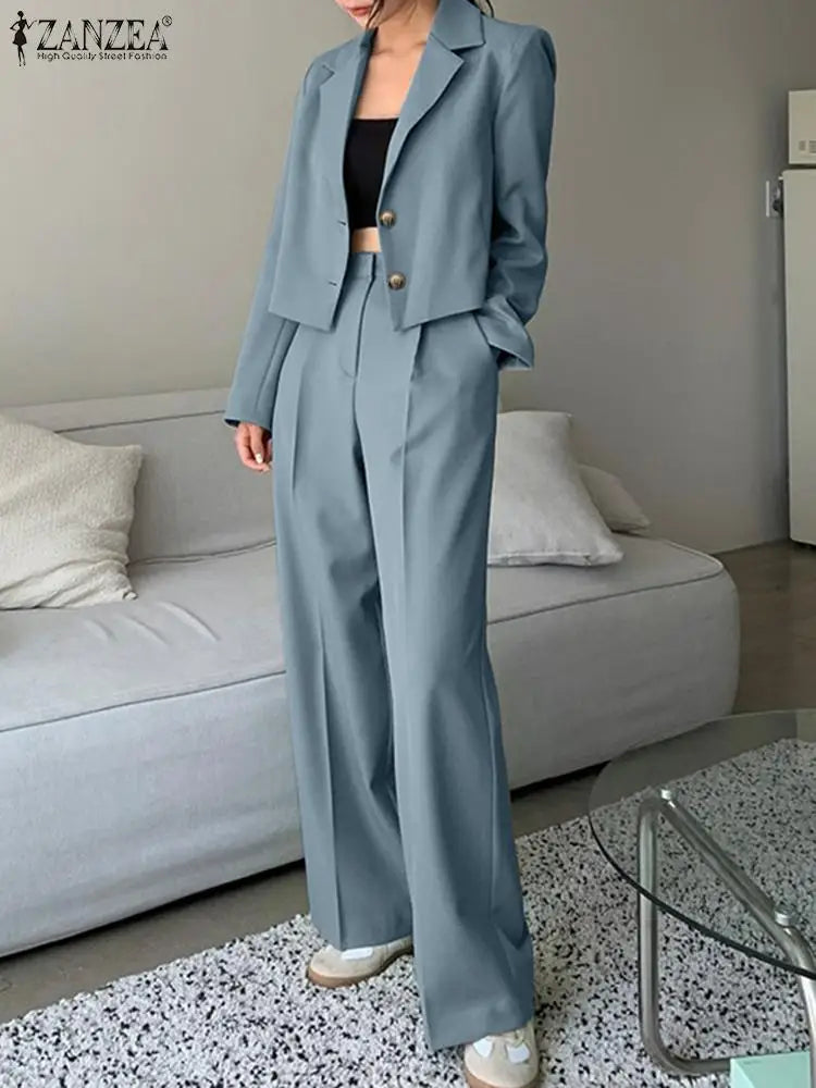 Elegant Blazer Suits Solid Fashion Matching Sets Long Sleeve Tops Wide Leg Pants Vintage Casual Tracksuit Work Suit